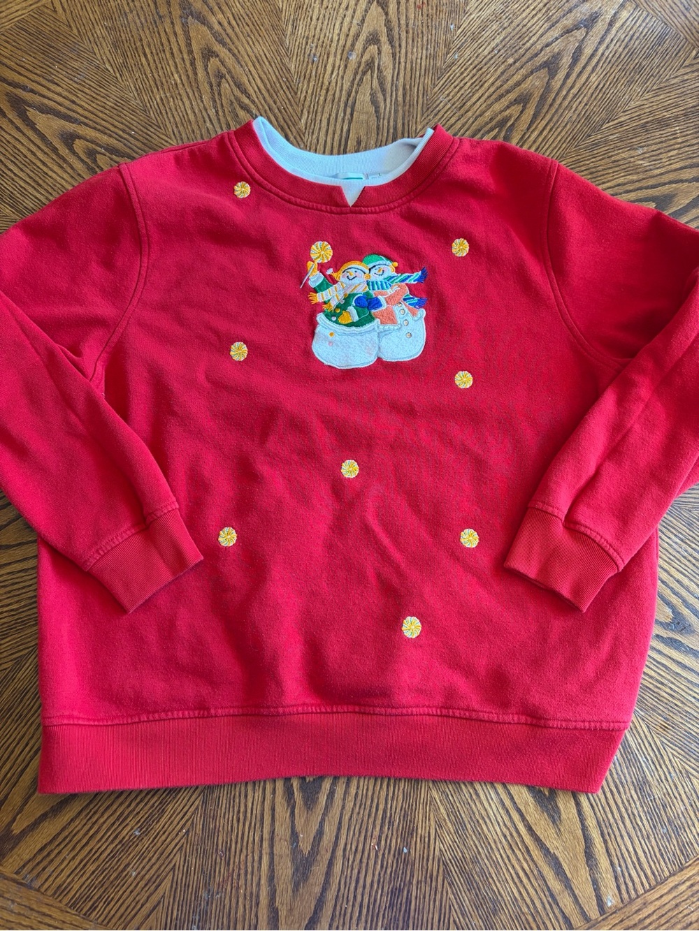 Red Crewneck Sweater with Festive Snowman Embroidery